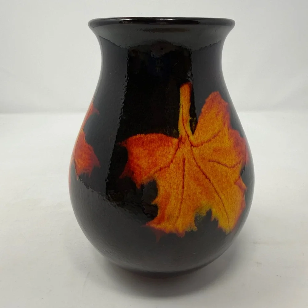 Poole Pottery England Black Maple Leaf Vase Orange Yellow Art Pottery Ceramic 8